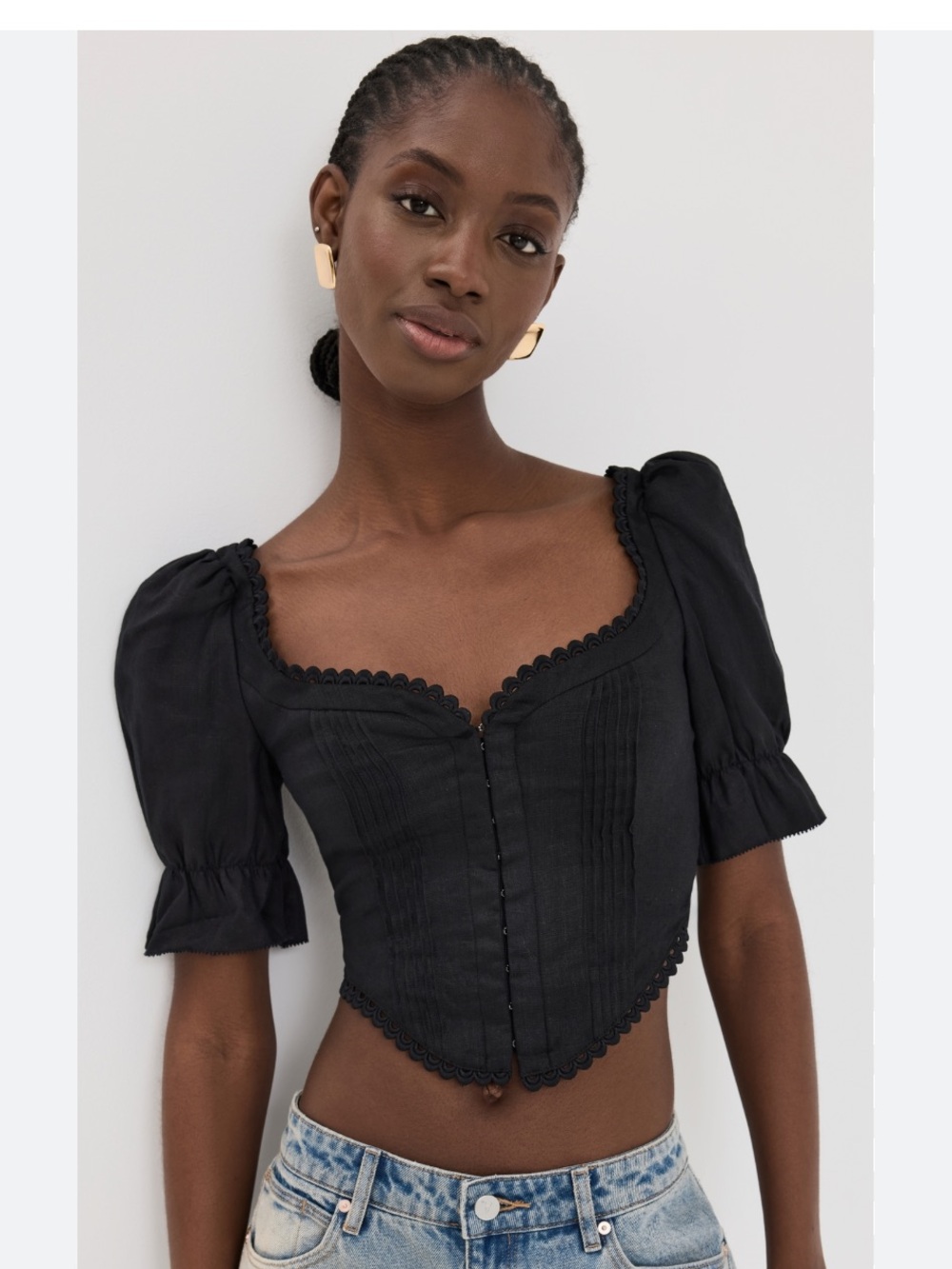 Reformation Simmie Black Sweetheart Linen Pintuck Corset Top